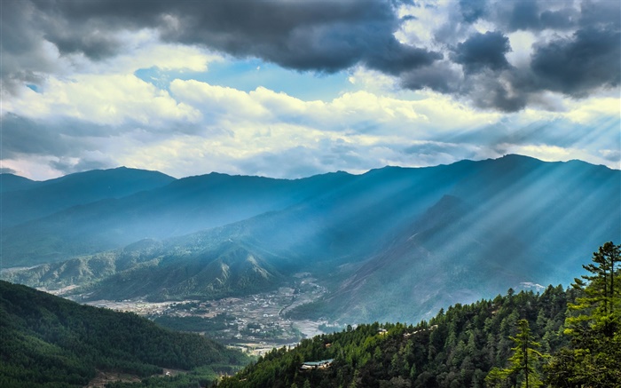 Mountains, valley, sky, clouds, sun rays Wallpapers Pictures Photos Images