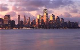 New York, USA, buildings, skyscrapers, lights, sea, evening, sunset, clouds