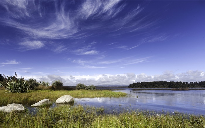 New Zealand, lake, rocks, grass, blue sky, clouds Wallpapers Pictures Photos Images
