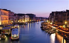 Night, Venice, Italy, canal, boats, houses, lights