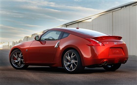 Nissan 370Z coupe, orange car rear view HD wallpaper
