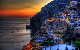 Positano, Italy, beautiful sunset, sea, coast, mountains, houses, lights HD wallpaper