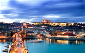 Prague city night, lights, houses, Charles Bridge, river, dusk, sky