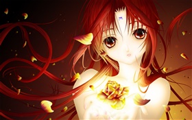 Red hair anime girl, rose petals HD wallpaper
