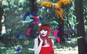 Red hair girl, colorful feathers, birds, creative pictures HD wallpaper