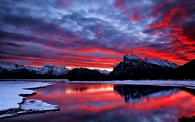 Red sky, clouds, glow, sunset, mountain, lake, snow, winter