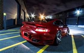 Red supercar rear view, night, city HD wallpaper