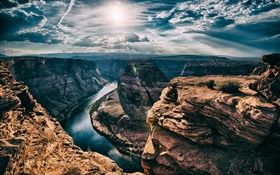 River, Horseshoe Bend, Arizona, USA, canyon, sun, clouds HD wallpaper