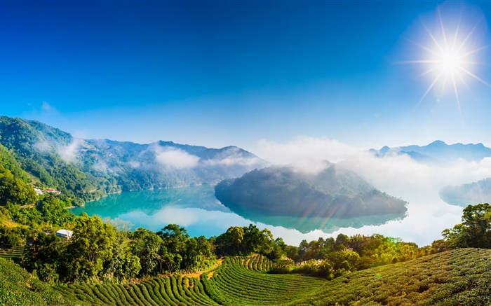 River, sun rays, mountains, house, plantation, trees, clouds, fog Wallpapers Pictures Photos Images