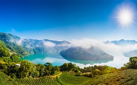 River, sun rays, mountains, house, plantation, trees, clouds, fog HD wallpaper