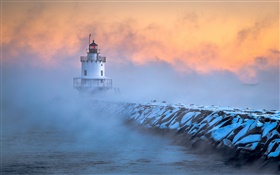 South Portland, Maine, lighthouse, frost, dawn, fog HD wallpaper