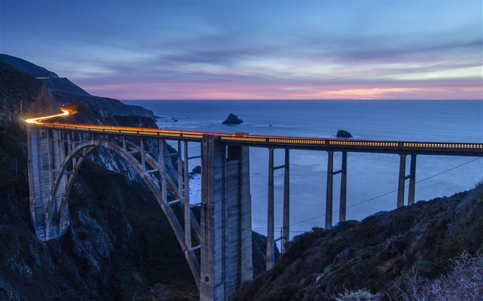 USA, California, Monterey, bridge, bay, sea, mountains, night Wallpapers Pictures Photos Images
