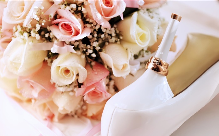 Wedding rings, pink rose flowers, heels Wallpapers Pictures Photos Images
