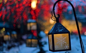 Winter, lanterns, lights, night, snowflakes HD wallpaper