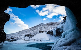 Winter, snow, ice, cave, mountain, clouds, blue sky HD wallpaper