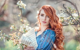 Woman in the spring, flowers, bokeh HD wallpaper