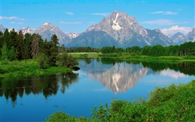 Wyoming, USA, Grand Teton National Park, mountains, lake, trees HD wallpaper