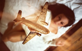 Airplane model, golden, girl HD wallpaper