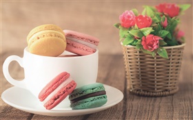 Almond cookies, dessert, colorful, cup, flowers HD wallpaper