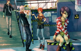 Anime pictures, young girls and boys, city