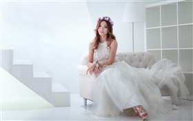 Asian girl, beautiful dress, bride, posture, sofa HD wallpaper