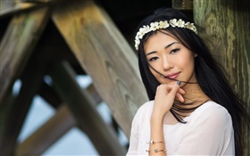 Asian girl, long hair, wreath, wind, summer