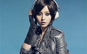 Asian girl, look, headphones, blue background HD wallpaper
