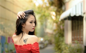 Asian girl, tattoo, red dress, look back HD wallpaper