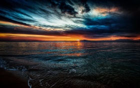 Beautiful landscape, sunset, sea, waves, clouds, dusk