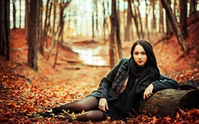 Black hair girl in the forest, autumn, yellow leaves HD wallpaper