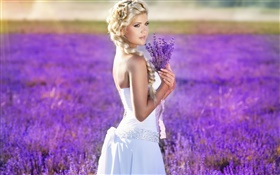 Blonde girl, bride, lavender flowers field HD wallpaper