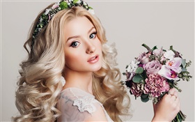 Blonde girl, makeup, bouquet flowers, wreath