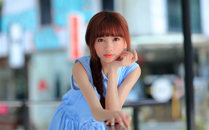 Blue dress Asian young girl, look Wallpapers Pictures Photos Images