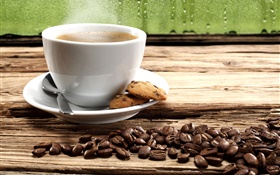 Coffee beans, cookies, cup, steam HD wallpaper