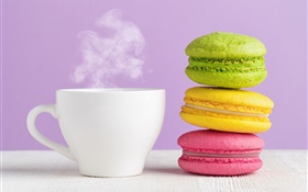 Colorful almond, cookies, cup, coffee, steam HD wallpaper