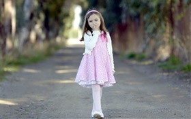 Cute children, pink dress girl, road, trees HD wallpaper