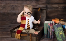 Cute little boy, suitcase, books, glasses HD wallpaper