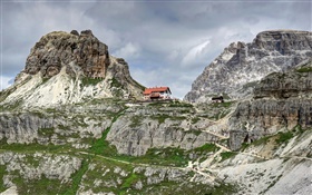 Dolomites, Italy, clouds, rocks, mountains, house HD wallpaper