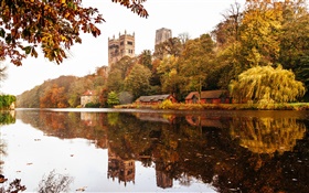 England, Durham, house, trees, river, water reflection