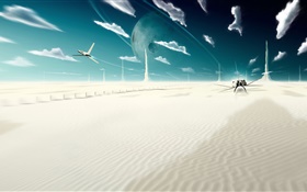 Fantasy world, creative, clouds, planet, desert, planes HD wallpaper