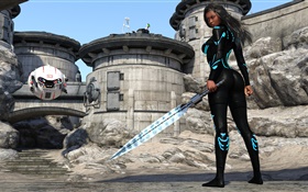 Future warrior, fantasy girl, sword, robot, desert HD wallpaper