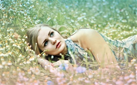 Girl lying in the grass, wildflowers HD wallpaper