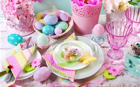 Happy Easter, decoration, colorful eggs, cups, flowers, spring HD wallpaper