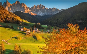 Italy, Dolomites, mountains, forest, trees, houses, sunset, autumn HD wallpaper