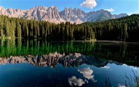 Lake, water reflection, mountains, forest
