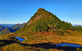 Mountain, trees, lake, water, blue sky HD wallpaper