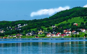 Norway, bay, houses, trees, mountains, blue sky, clouds HD wallpaper