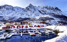 Norway in winter, snow, bay, mountains, houses, boats HD wallpaper