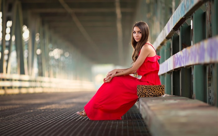 Red dress girl, sitting, fashion, bridge Wallpapers Pictures Photos Images