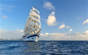 Sailboat, boat, blue sea, sky, clouds